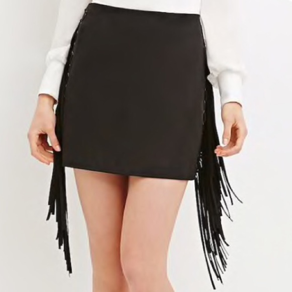 Forever 21 Black Faux Suede Fringe Skirt Juniors L